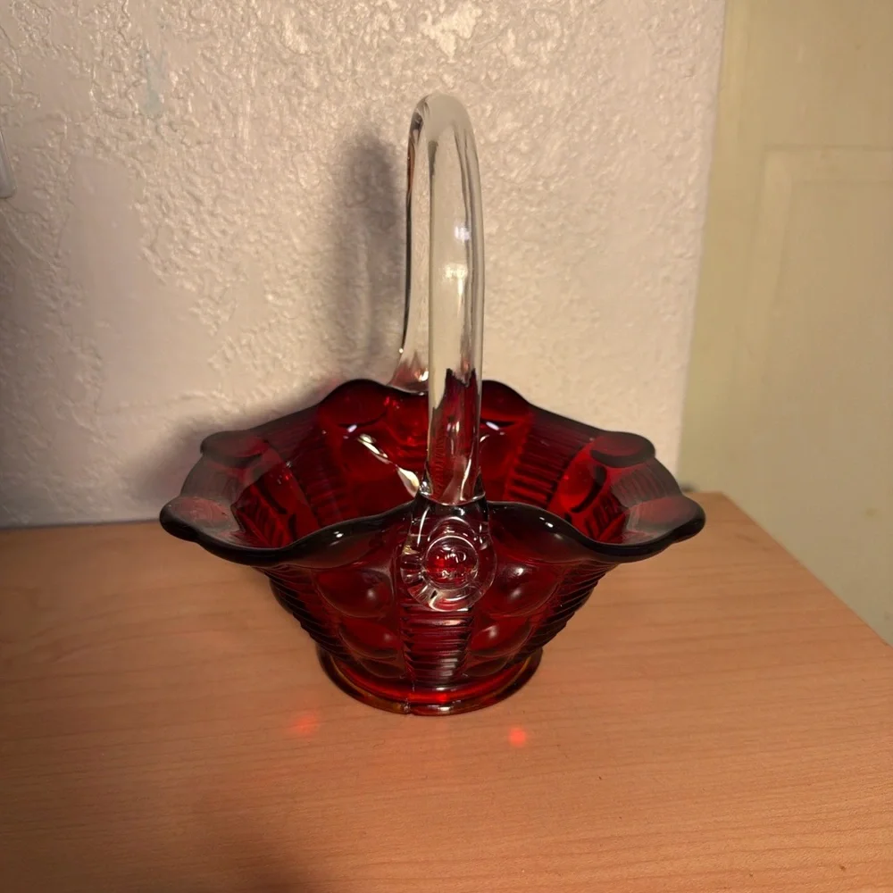 Vintage Tiara Indiana Glass Dewdrop Ruby Red Basket – Clear Handle – 7”